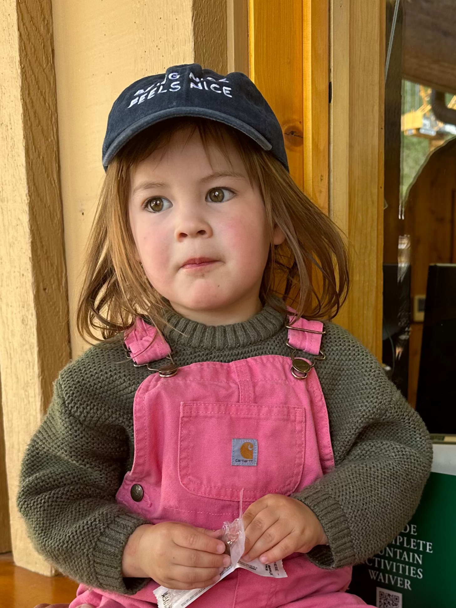 Child in pink overalls and blue cap sitting at a counter with adult hand on lap, in front of a window.